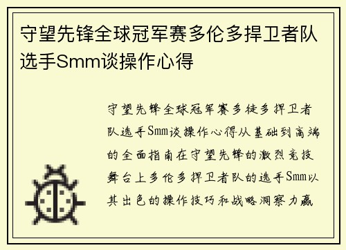 守望先锋全球冠军赛多伦多捍卫者队选手Smm谈操作心得