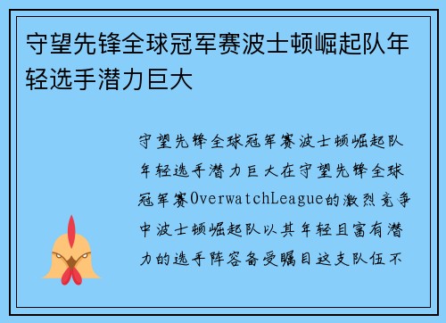 守望先锋全球冠军赛波士顿崛起队年轻选手潜力巨大 守望先锋全球冠军赛波士顿崛起队年轻选手潜力巨大